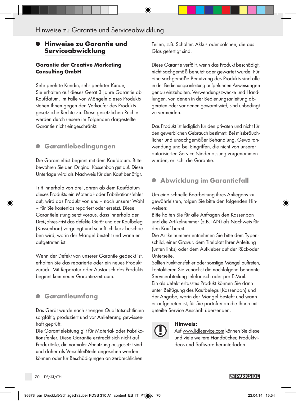 Hinweise zu garantie und serviceabwicklung, Garantiebedingungen, Garantieumfang | Abwicklung im garantiefall | Parkside PDSS 310 A1 User Manual | Page 70 / 72