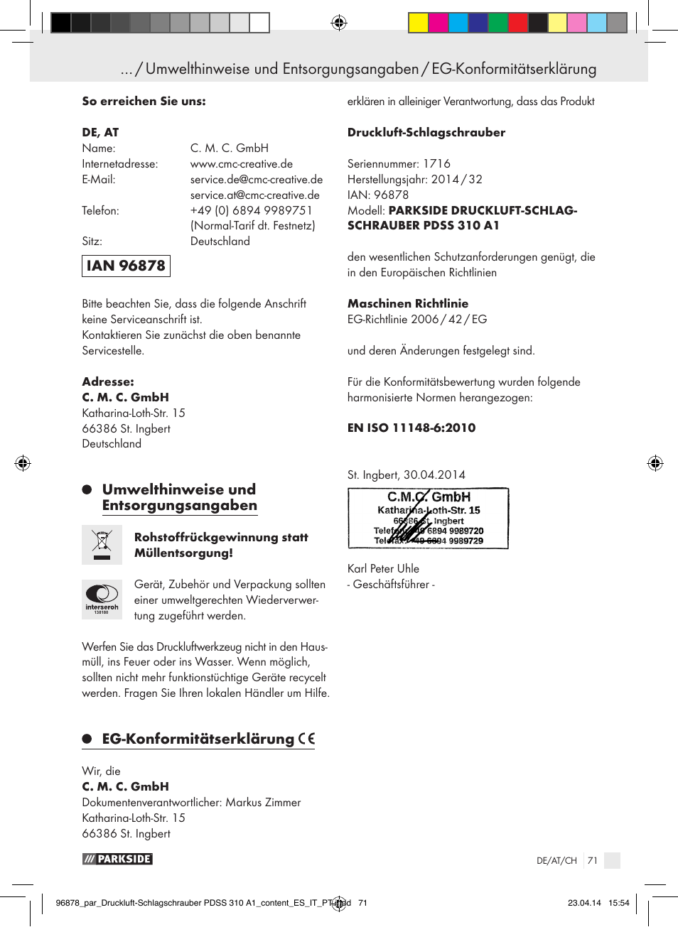 Umwelthinweise und entsorgungsangaben, Eg-konformitätserklärung | Parkside PDSS 310 A1 User Manual | Page 71 / 72