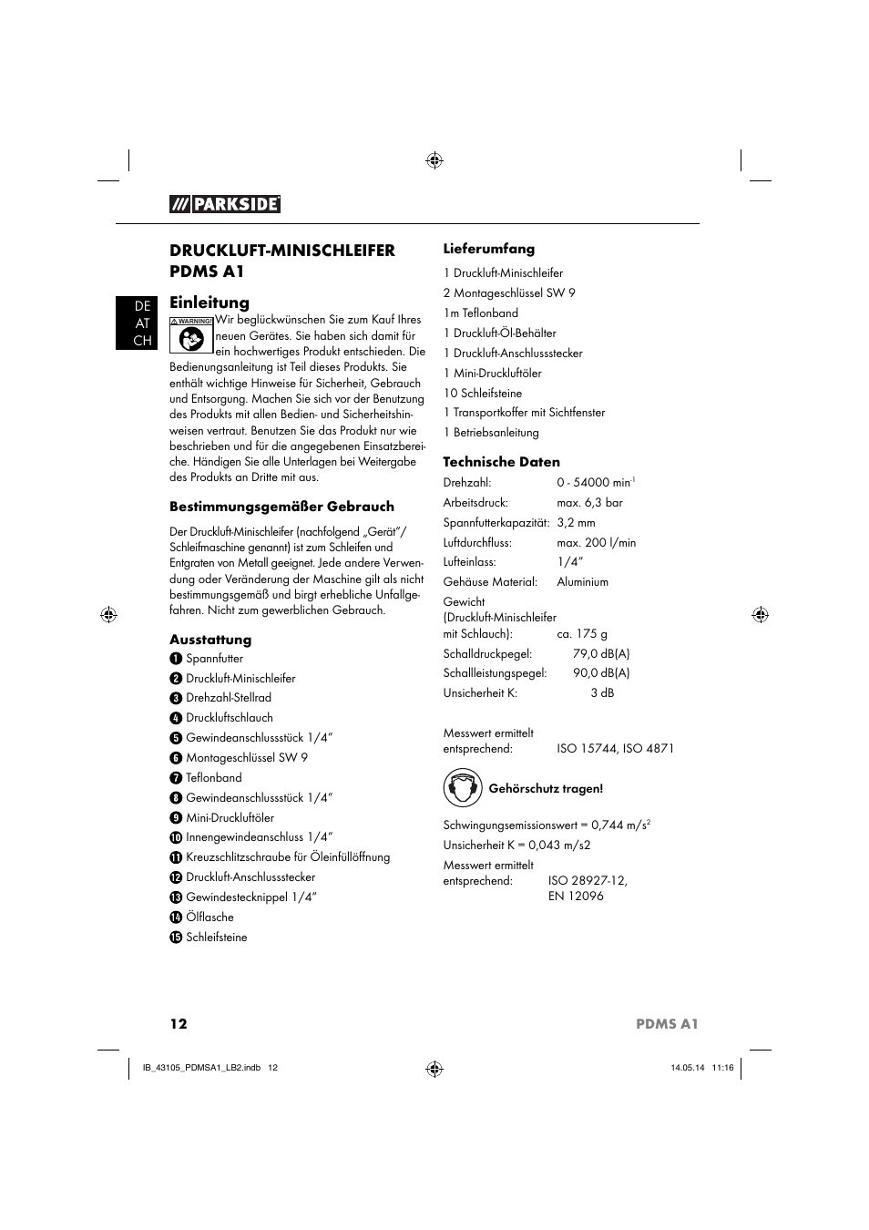 Druckluft-minischleifer pdms a1 einleitung | Parkside PDMS A1 User Manual | Page 15 / 34