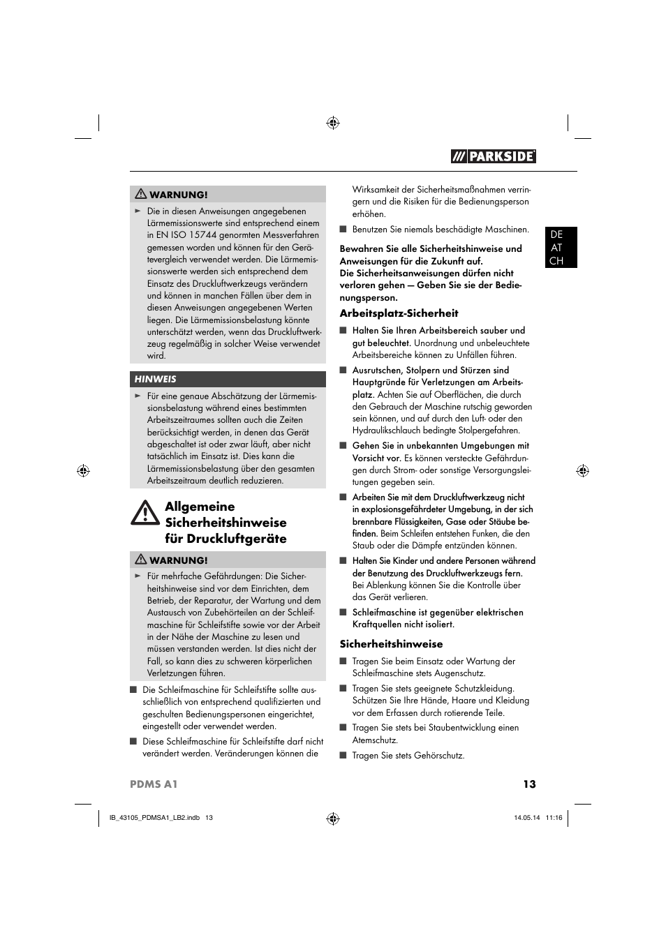 Allgemeine sicherheitshinweise für druckluftgeräte | Parkside PDMS A1 User Manual | Page 16 / 34