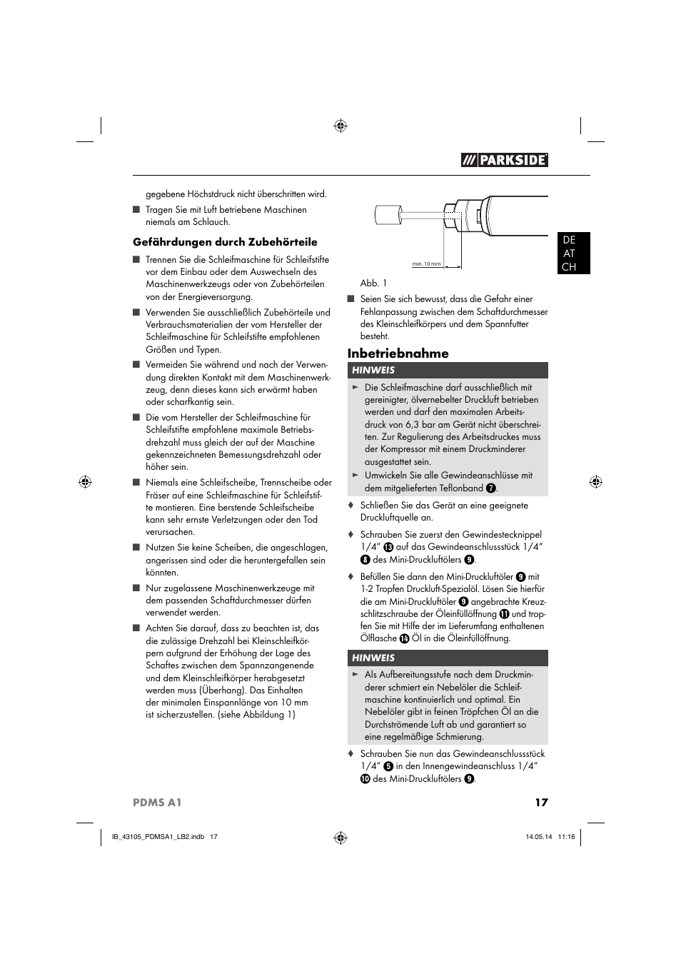 Inbetriebnahme | Parkside PDMS A1 User Manual | Page 20 / 34