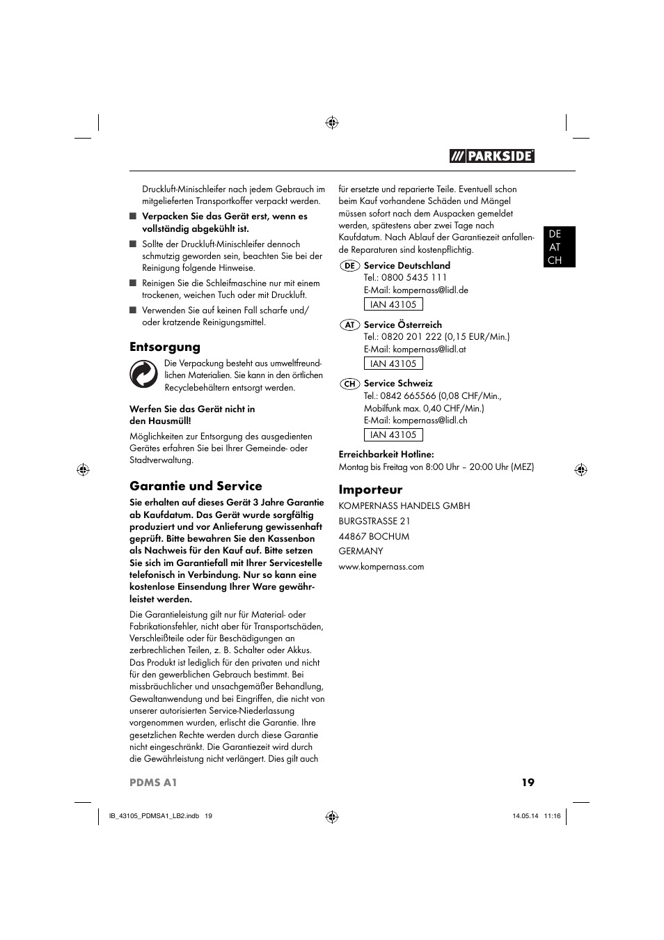 Entsorgung, Garantie und service, Importeur | Parkside PDMS A1 User Manual | Page 22 / 34