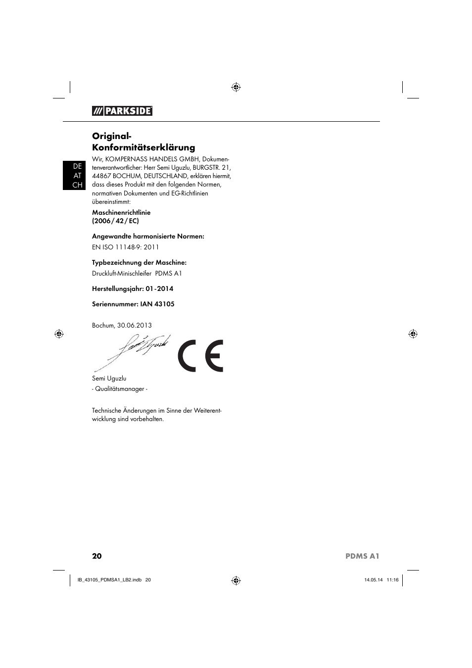 Original- konformitätserklärung | Parkside PDMS A1 User Manual | Page 23 / 34