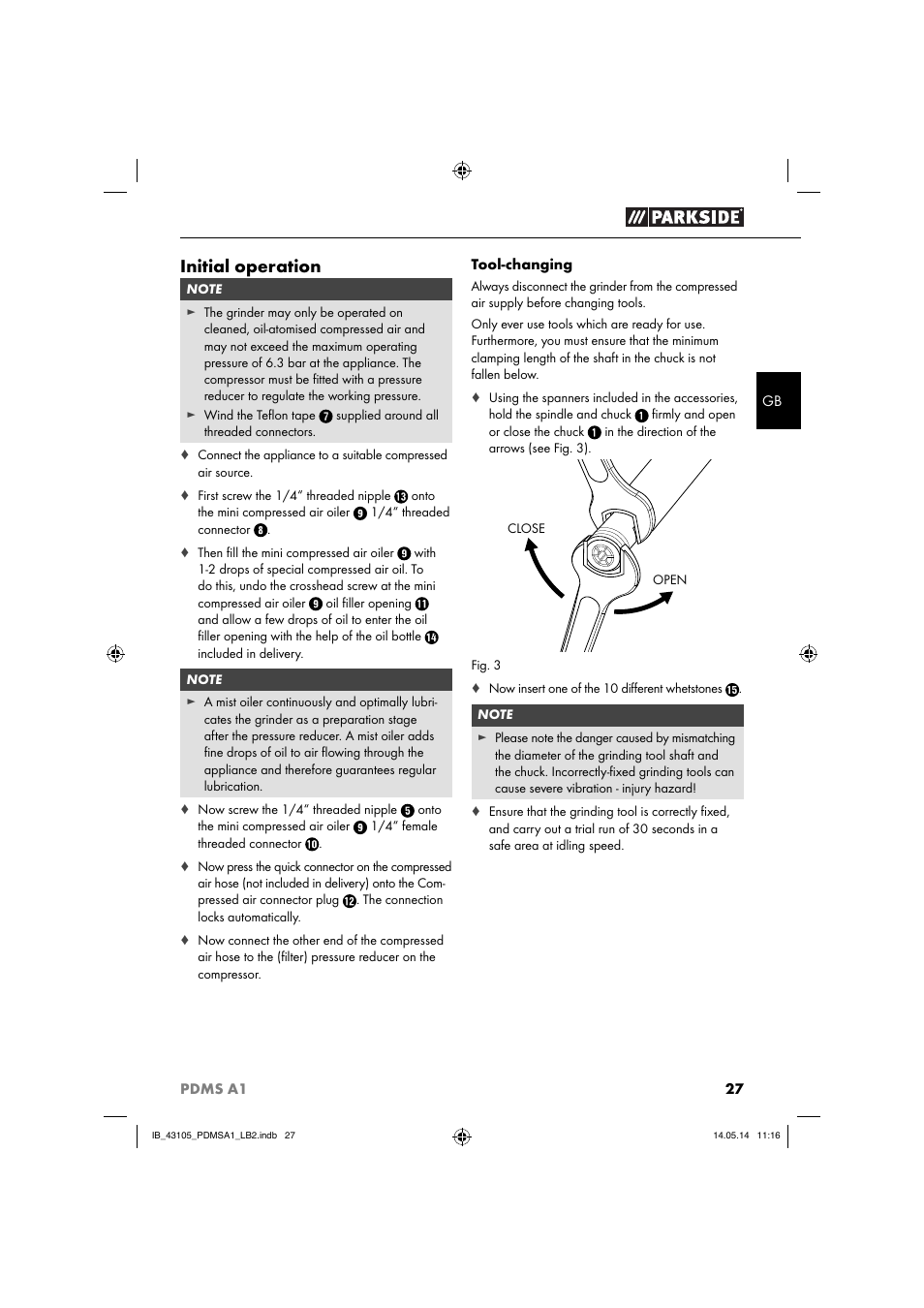 Initial operation | Parkside PDMS A1 User Manual | Page 30 / 34