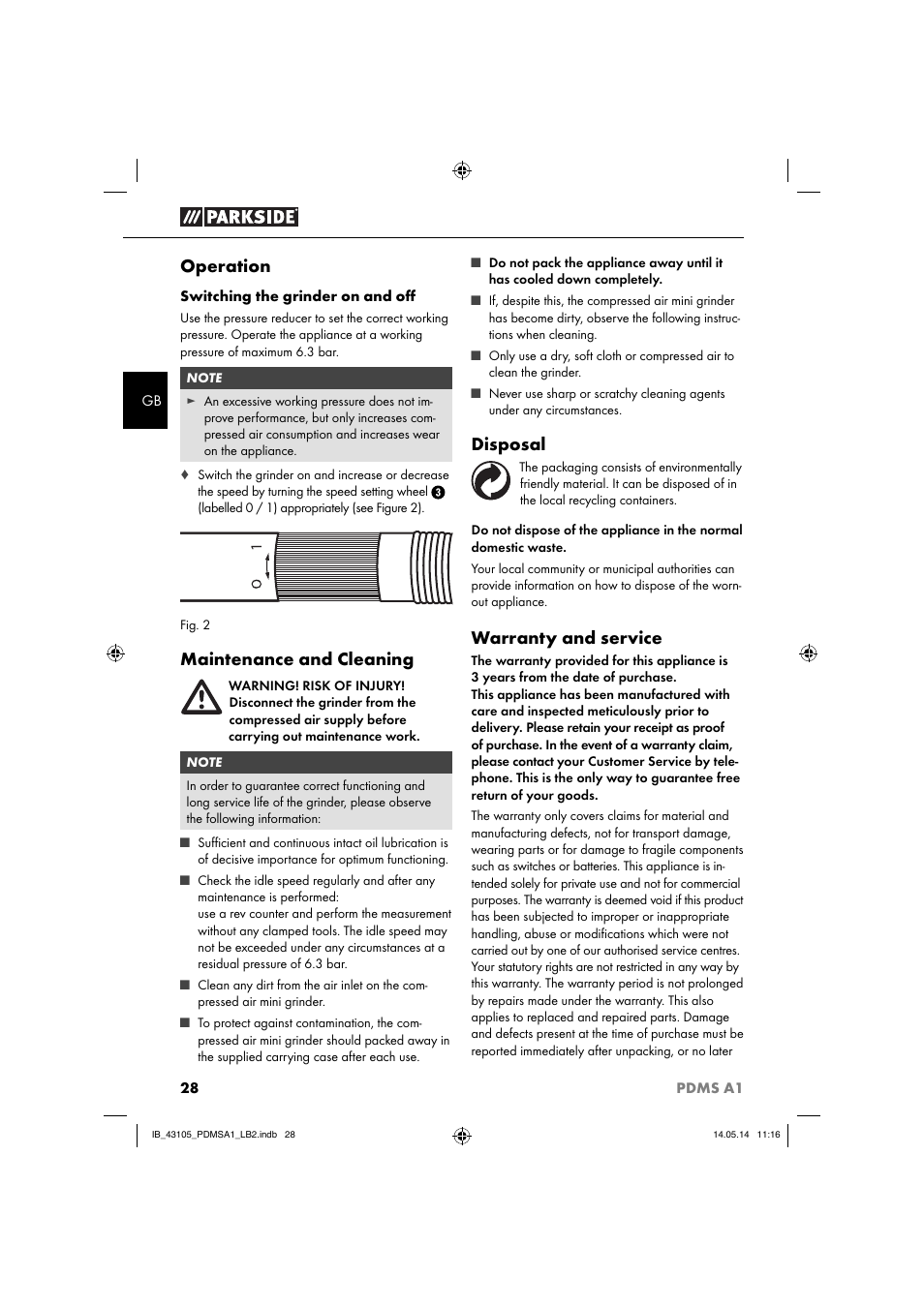 Operation, Maintenance and cleaning, Disposal | Warranty and service | Parkside PDMS A1 User Manual | Page 31 / 34