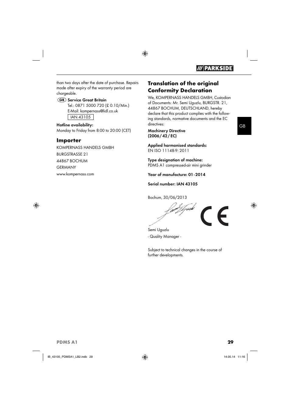Importer, Translation of the original conformity declaration | Parkside PDMS A1 User Manual | Page 32 / 34