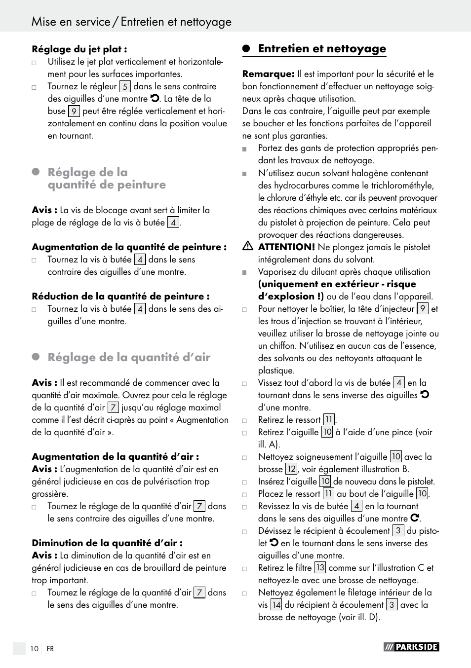 Réglage de la quantité de peinture, Réglage de la quantité d’air, Entretien et nettoyage | Parkside PDFP 500 B2 User Manual | Page 10 / 28