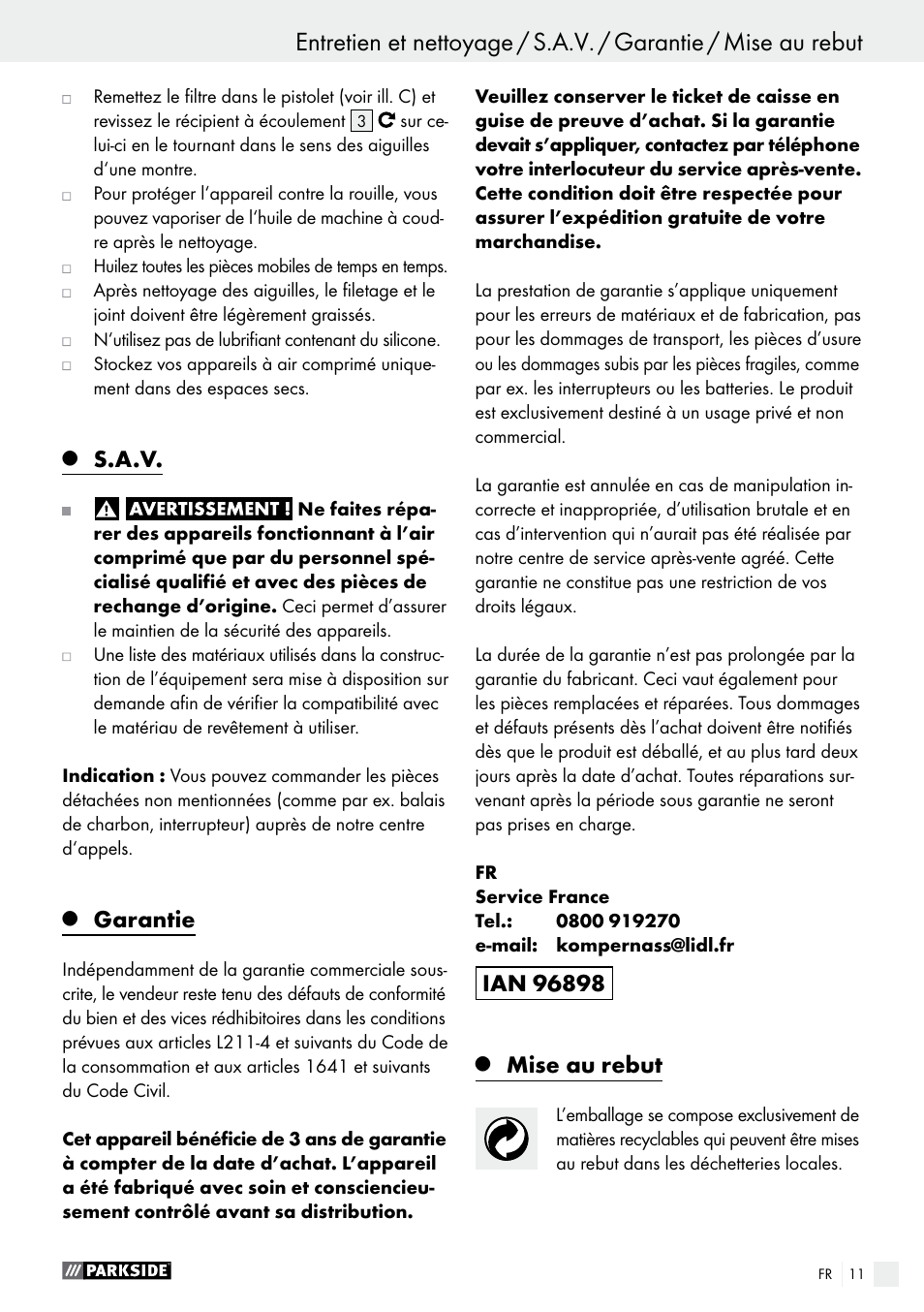 S.a.v, Garantie, Mise au rebut | Parkside PDFP 500 B2 User Manual | Page 11 / 28