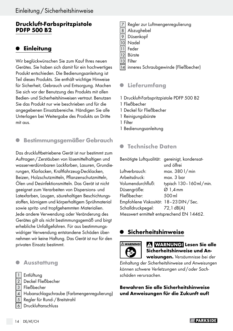 Druckluft-farbspritzpistole pdfp 500 b2 einleitung, Bestimmungsgemäßer gebrauch, Ausstattung | Lieferumfang, Technische daten, Sicherheitshinweise | Parkside PDFP 500 B2 User Manual | Page 14 / 28