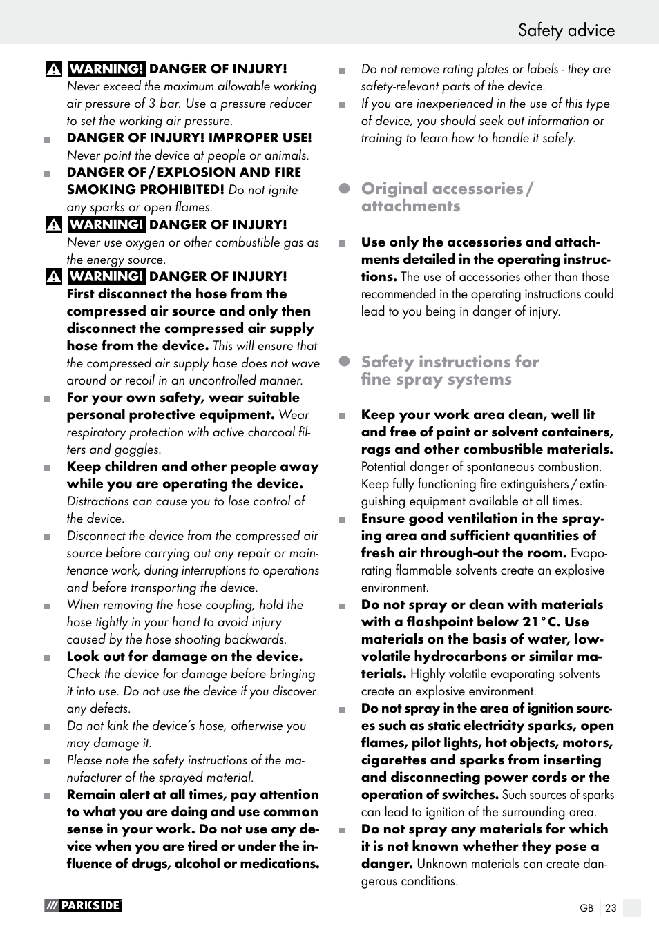 Safety advice, Introduction / safety advice, Original accessories / attachments | Safety instructions for fine spray systems | Parkside PDFP 500 B2 User Manual | Page 23 / 28