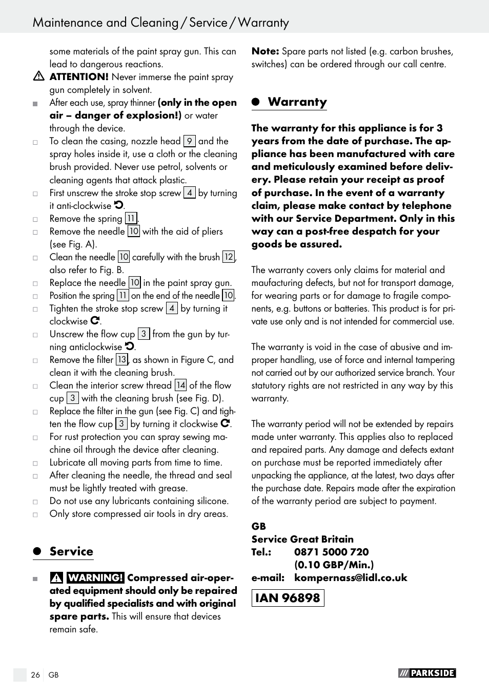 Service, Warranty | Parkside PDFP 500 B2 User Manual | Page 26 / 28