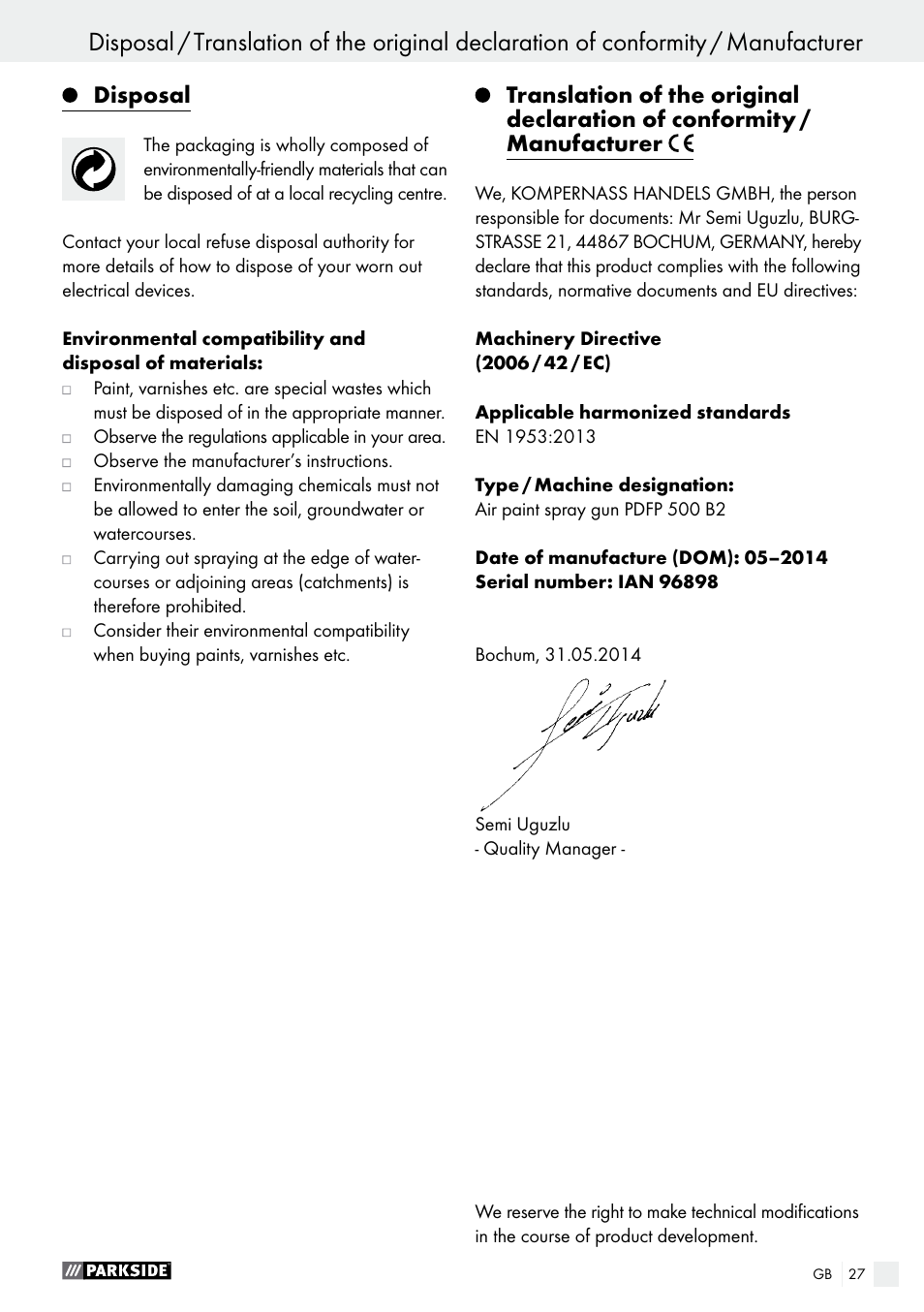 Maintenance and cleaning / service / warranty, Disposal | Parkside PDFP 500 B2 User Manual | Page 27 / 28
