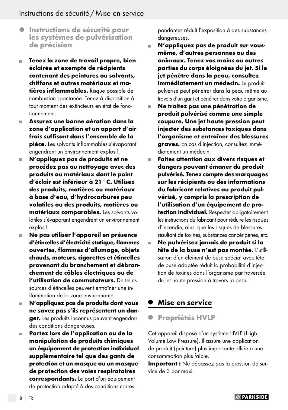 Mise en service, Propriétés hvlp | Parkside PDFP 500 B2 User Manual | Page 8 / 28