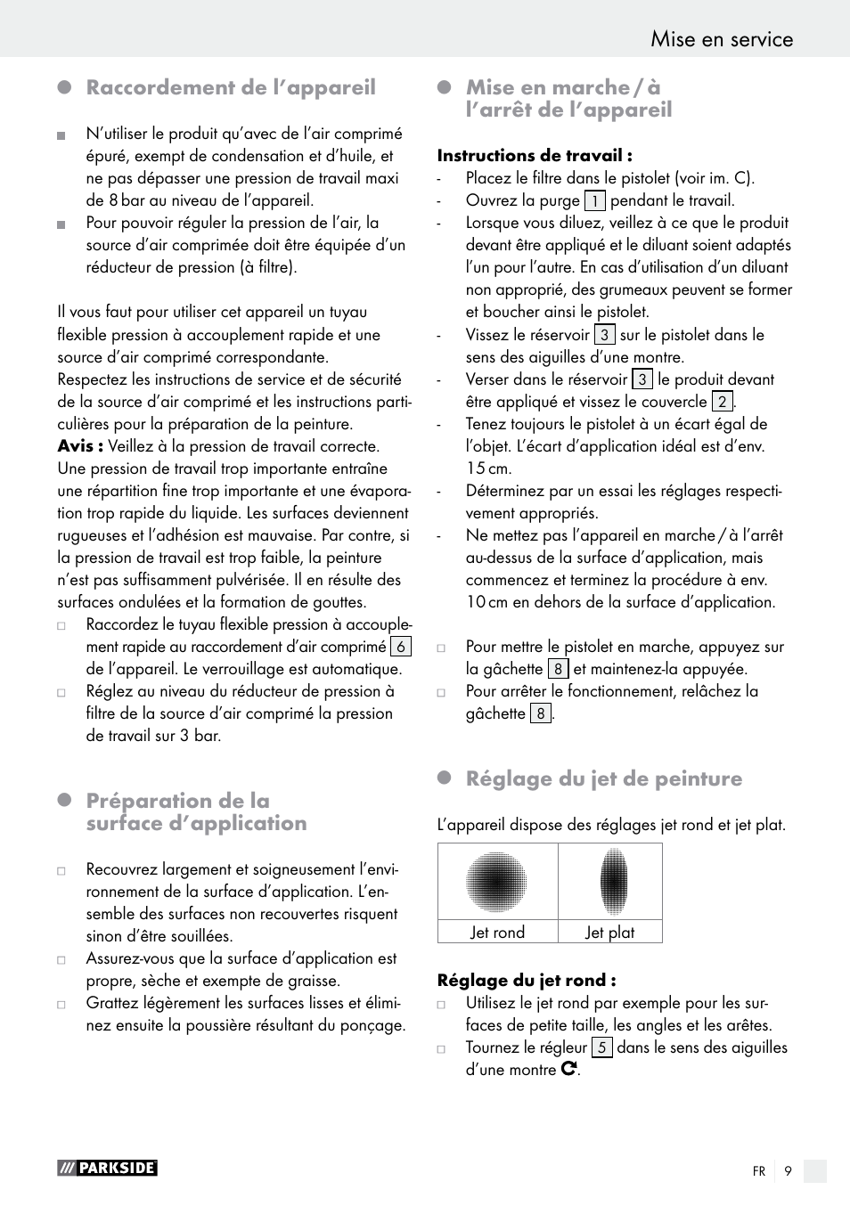 Raccordement de l’appareil, Préparation de la surface d’application, Mise en marche / à l’arrêt de l’appareil | Réglage du jet de peinture | Parkside PDFP 500 B2 User Manual | Page 9 / 28