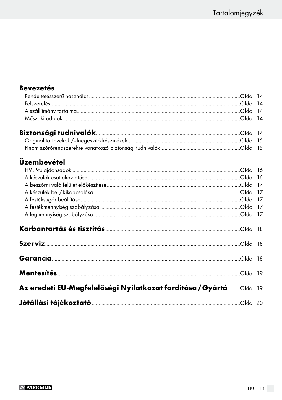 Tartalomjegyzék | Parkside PDFP 500 B2 User Manual | Page 13 / 47