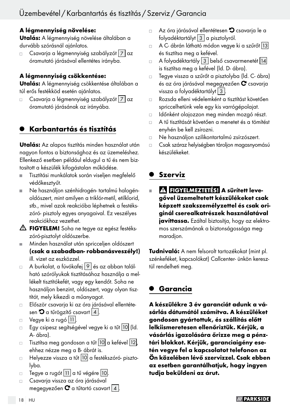 Karbantartás és tisztítás, Szerviz, Garancia | Parkside PDFP 500 B2 User Manual | Page 18 / 47