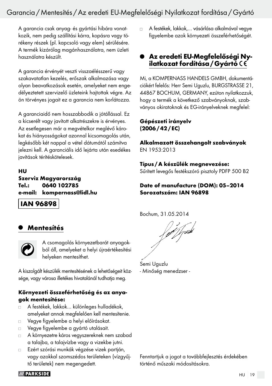 Mentesítés | Parkside PDFP 500 B2 User Manual | Page 19 / 47