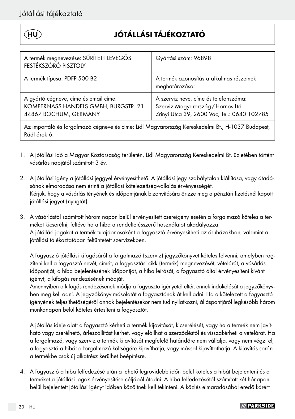 Jótállási tájékoztató | Parkside PDFP 500 B2 User Manual | Page 20 / 47