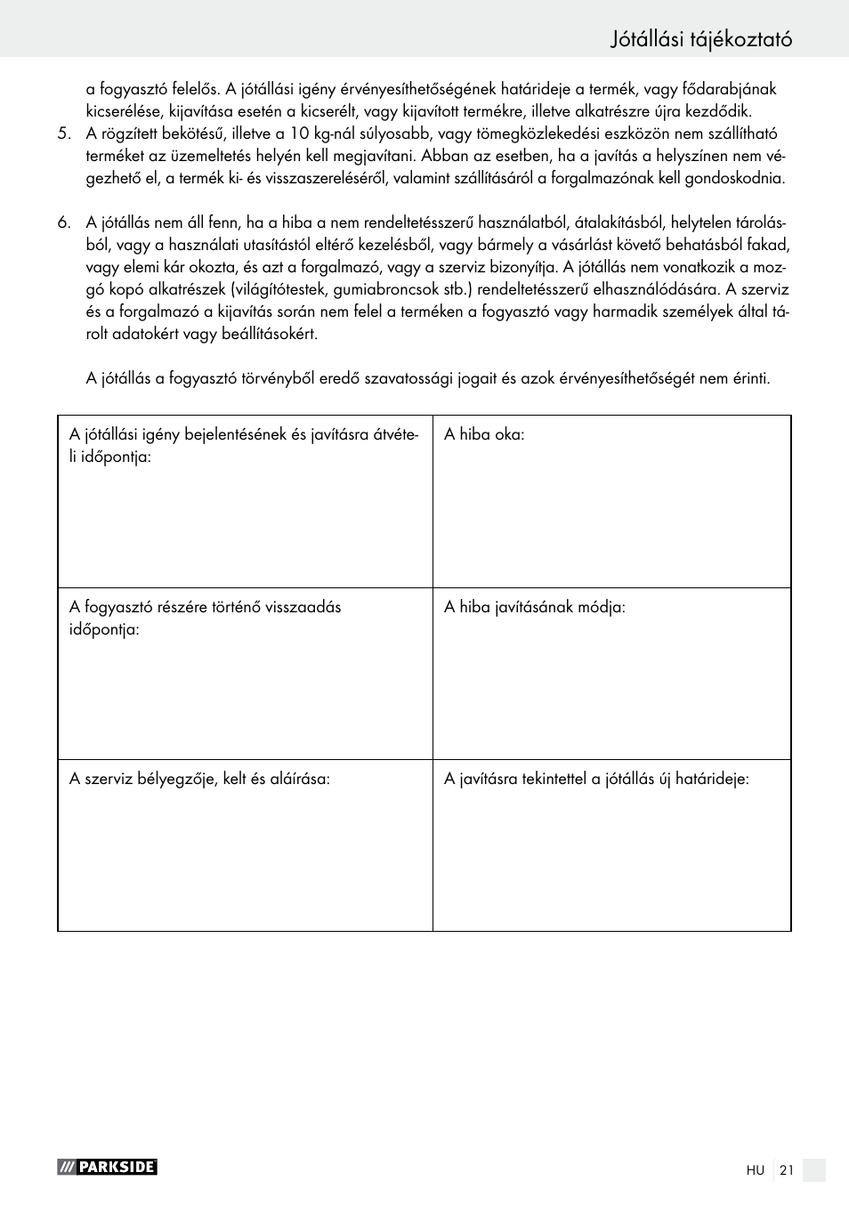 Jótállási tájékoztató | Parkside PDFP 500 B2 User Manual | Page 21 / 47