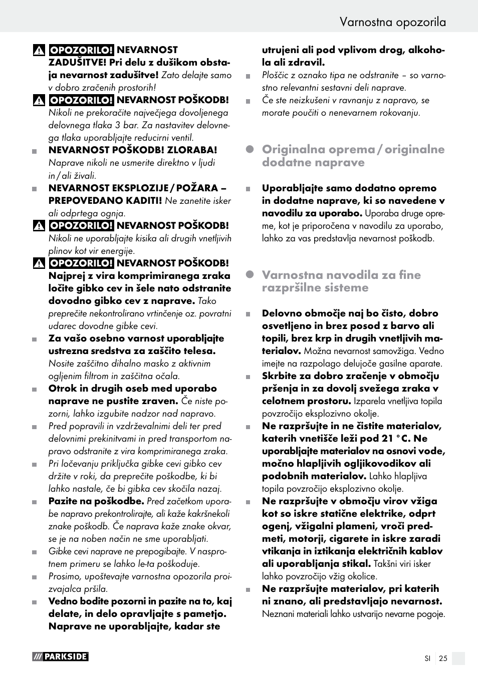Uvod / varnostna opozorila varnostna opozorila, Originalna oprema / originalne dodatne naprave, Varnostna navodila za fine razpršilne sisteme | Parkside PDFP 500 B2 User Manual | Page 25 / 47