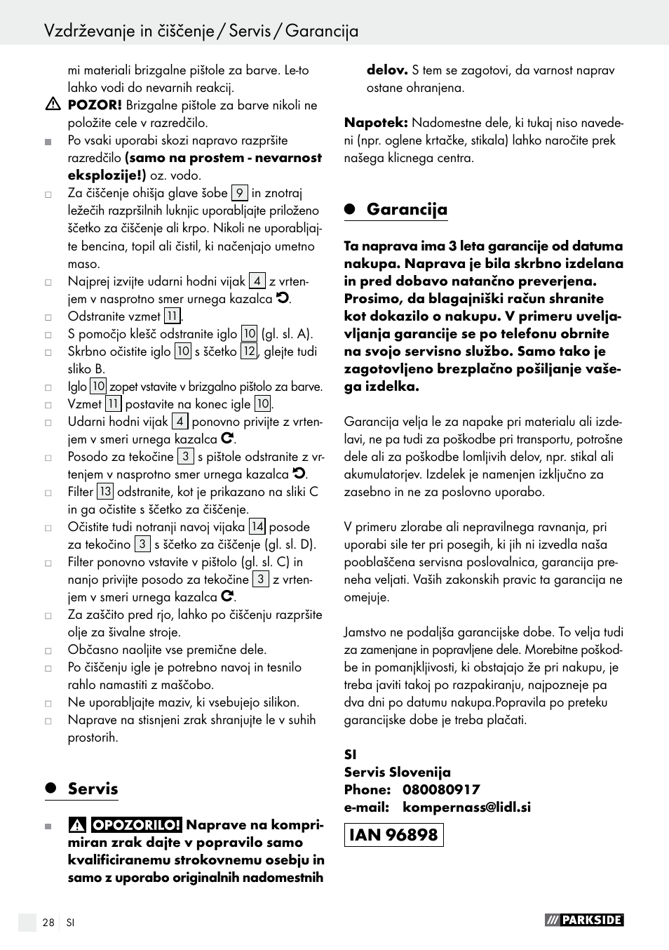 Vzdrževanje in čiščenje / servis / garancija, Servis, Garancija | Parkside PDFP 500 B2 User Manual | Page 28 / 47