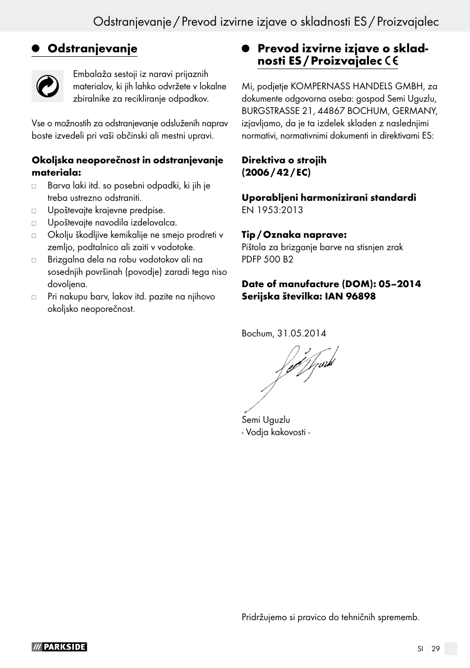 Odstranjevanje | Parkside PDFP 500 B2 User Manual | Page 29 / 47