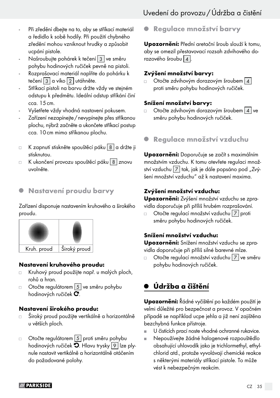 Nastavení proudu barvy, Regulace množství barvy, Regulace množství vzduchu | Údržba a čištění | Parkside PDFP 500 B2 User Manual | Page 35 / 47