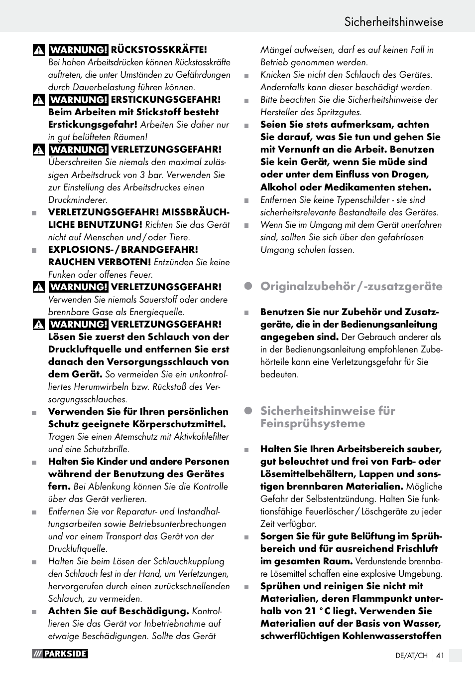 Einleitung / sicherheitshinweise, Sicherheitshinweise, Originalzubehör / -zusatzgeräte | Sicherheitshinweise für feinsprühsysteme | Parkside PDFP 500 B2 User Manual | Page 41 / 47
