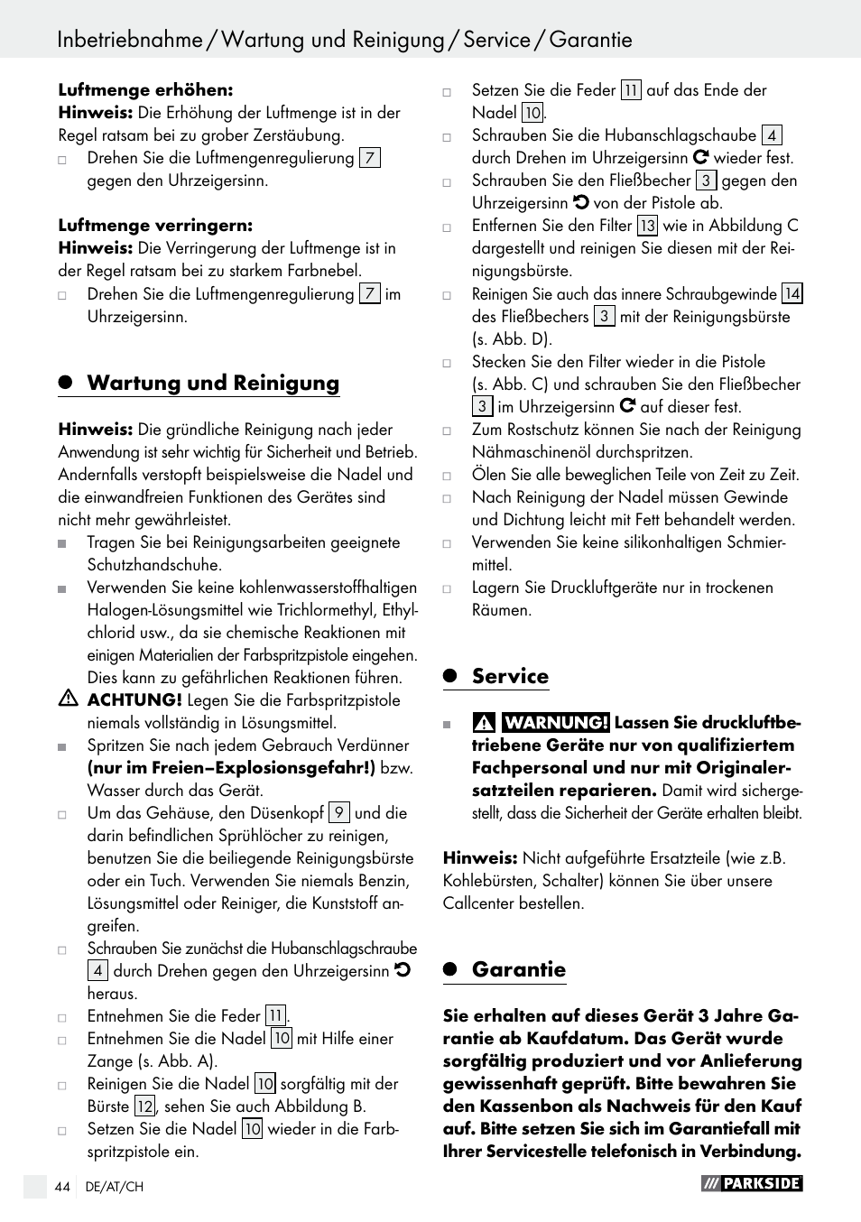 Wartung und reinigung, Service, Garantie | Parkside PDFP 500 B2 User Manual | Page 44 / 47