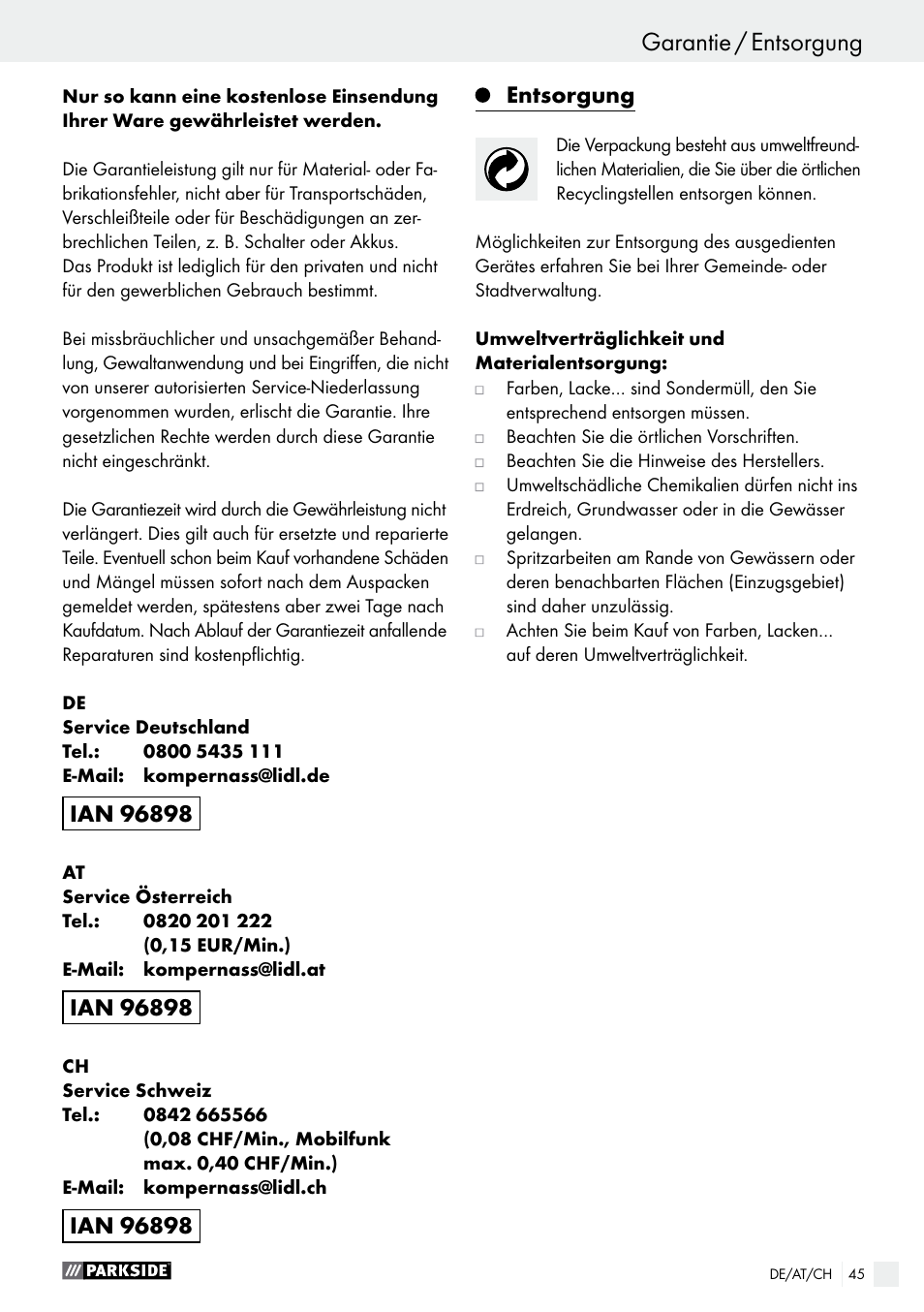 Garantie / entsorgung, Entsorgung | Parkside PDFP 500 B2 User Manual | Page 45 / 47