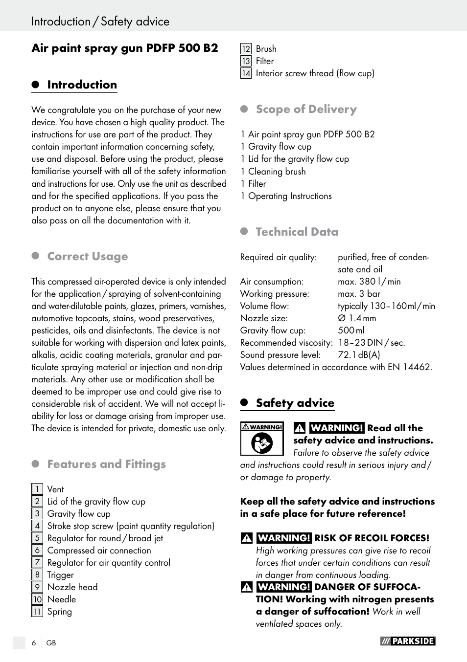 Safety advice introduction / safety advice, Air paint spray gun pdfp 500 b2, Introduction | Correct usage, Features and fittings, Scope of delivery, Technical data, Safety advice | Parkside PDFP 500 B2 User Manual | Page 6 / 47