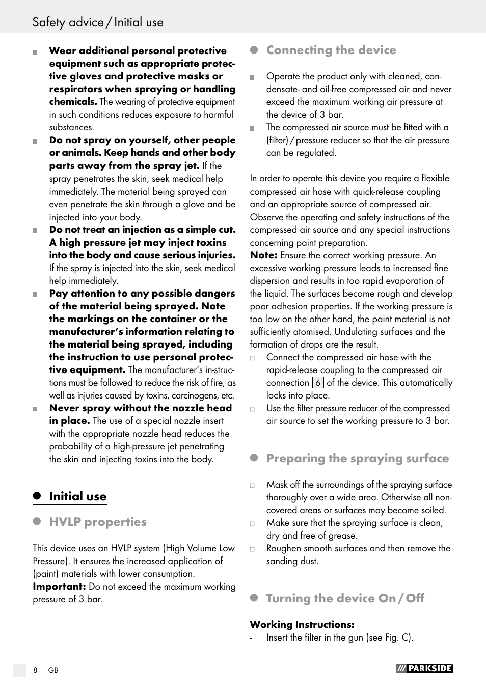 Initial use, Hvlp properties, Connecting the device | Preparing the spraying surface, Turning the device on / off | Parkside PDFP 500 B2 User Manual | Page 8 / 47