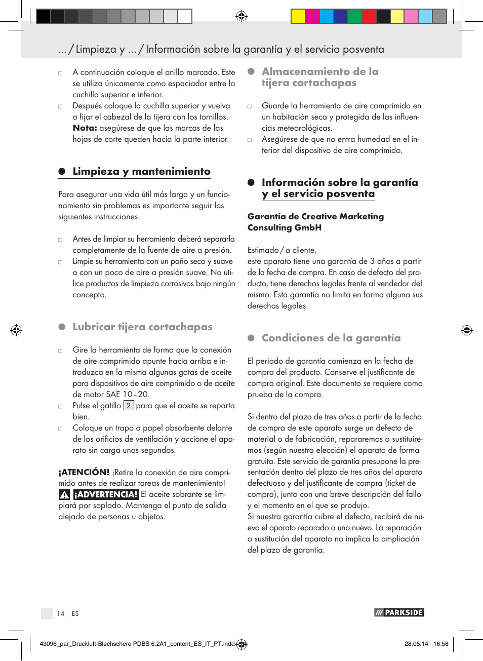 Limpieza y mantenimiento, Lubricar tijera cortachapas, Almacenamiento de la tijera cortachapas | Condiciones de la garantía | Parkside PDBS 6.2 A1 User Manual | Page 14 / 63