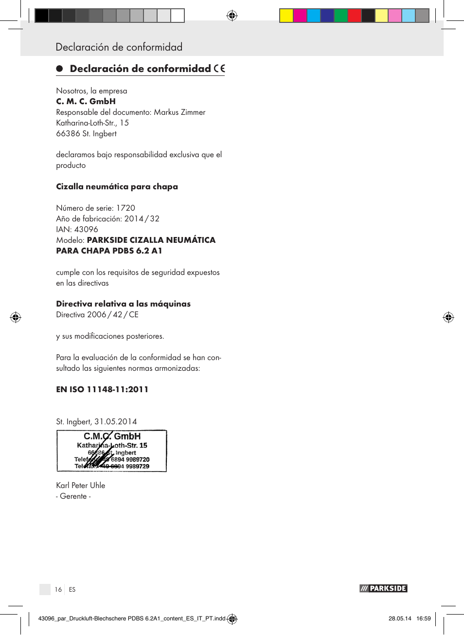 Declaración de conformidad, Indice | Parkside PDBS 6.2 A1 User Manual | Page 16 / 63