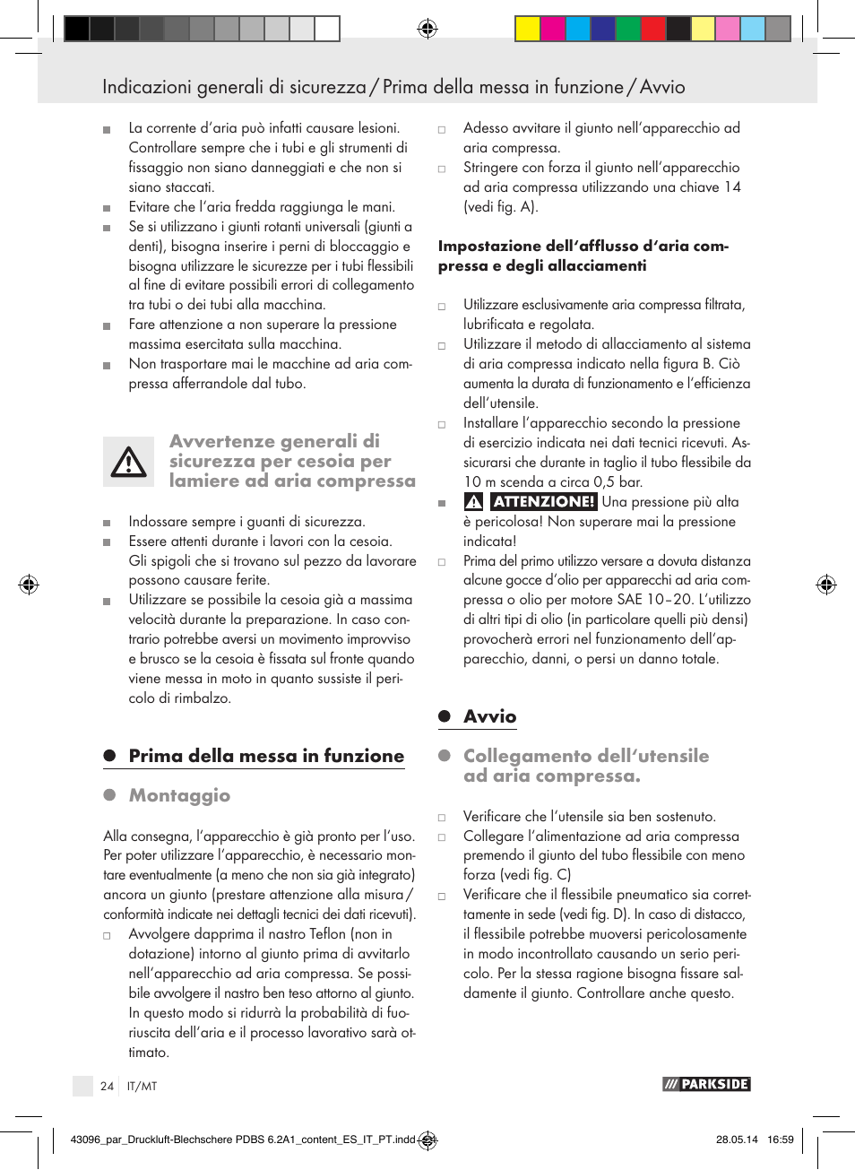 Prima della messa in funzione, Montaggio, Avvio | Collegamento dell‘utensile ad aria compressa | Parkside PDBS 6.2 A1 User Manual | Page 24 / 63