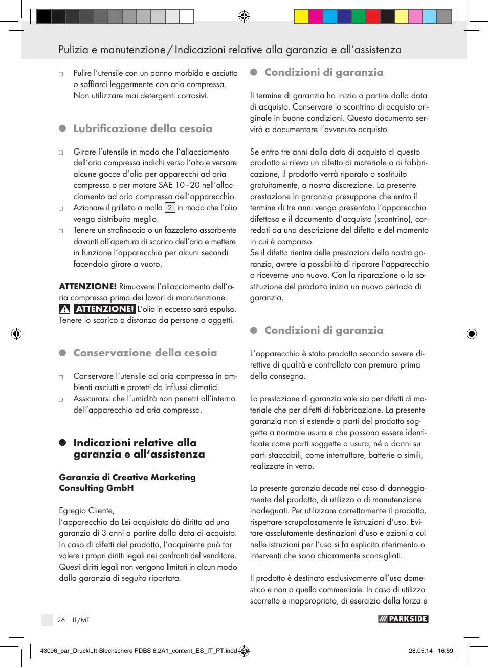 Lubrificazione della cesoia, Conservazione della cesoia, Condizioni di garanzia | Parkside PDBS 6.2 A1 User Manual | Page 26 / 63