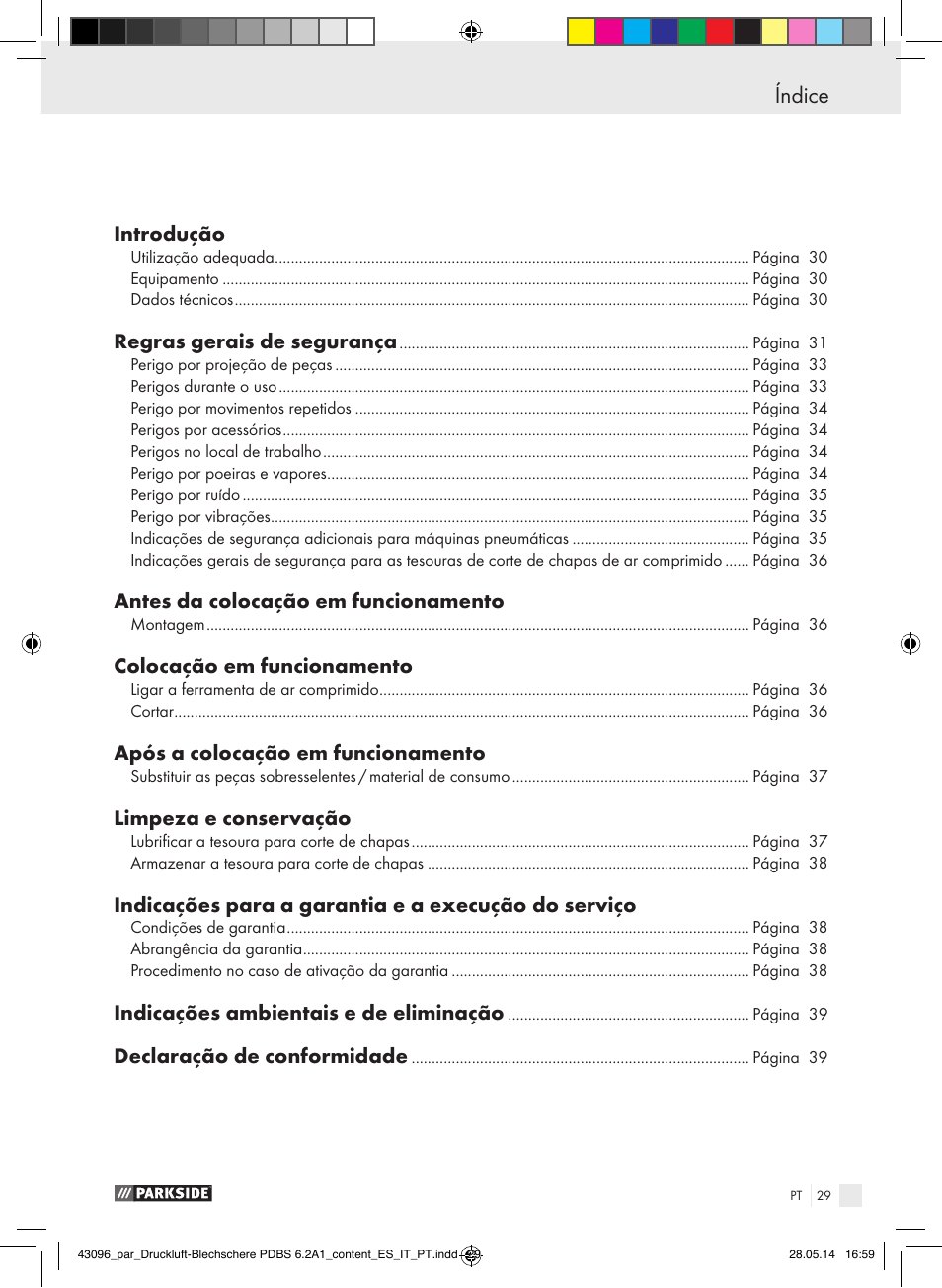 Dichiarazione di conformità, Índice | Parkside PDBS 6.2 A1 User Manual | Page 29 / 63
