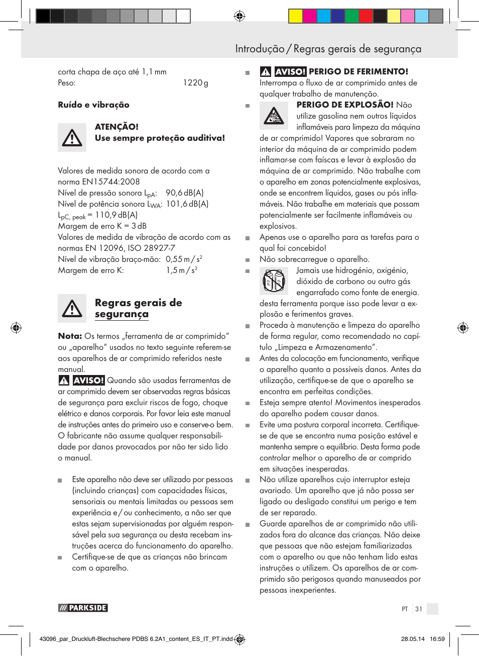 Introdução introdução / regras gerais de segurança, Regras gerais de segurança | Parkside PDBS 6.2 A1 User Manual | Page 31 / 63