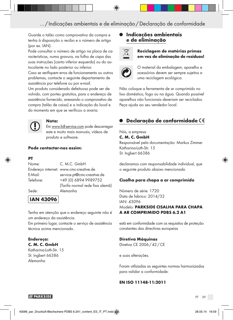 Indicações ambientais e de eliminação, Declaração de conformidade | Parkside PDBS 6.2 A1 User Manual | Page 39 / 63