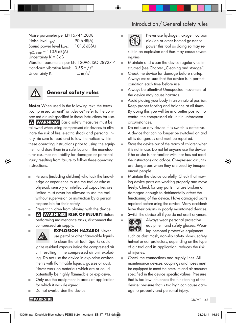 Introduction introduction / general safety rules, General safety rules | Parkside PDBS 6.2 A1 User Manual | Page 43 / 63