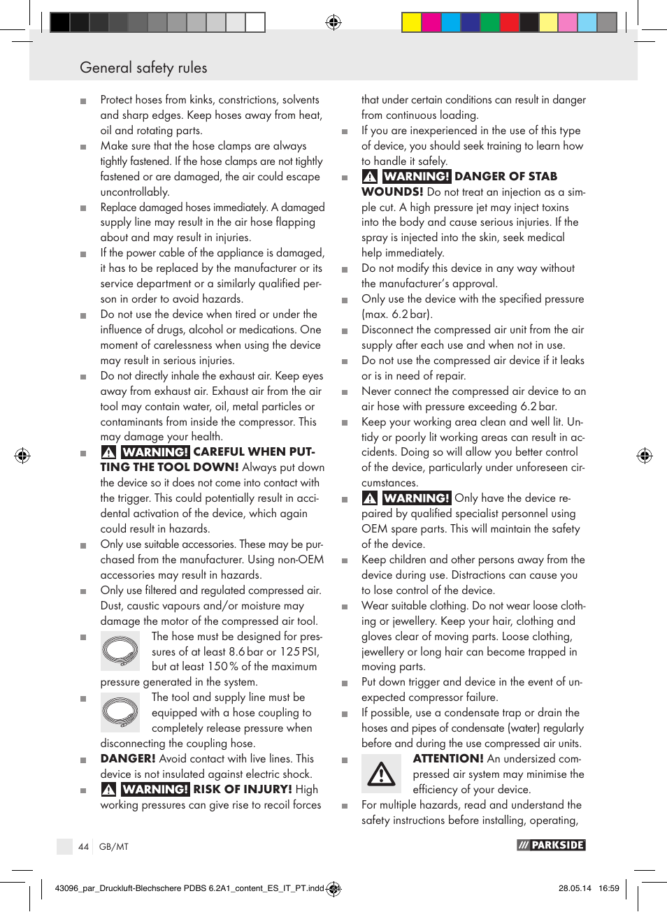 General safety rules | Parkside PDBS 6.2 A1 User Manual | Page 44 / 63