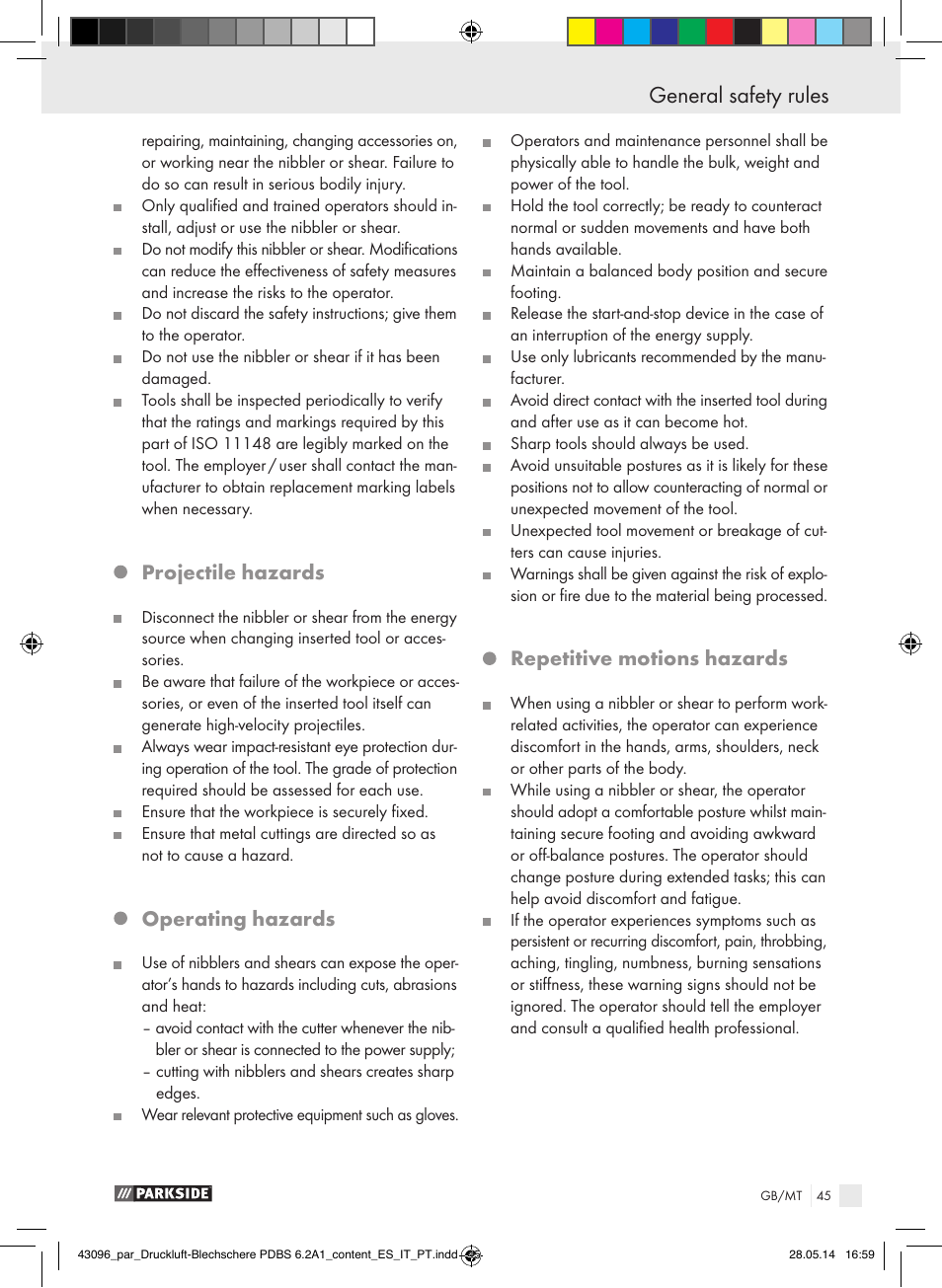 General safety rules, Projectile hazards, Operating hazards | Repetitive motions hazards | Parkside PDBS 6.2 A1 User Manual | Page 45 / 63