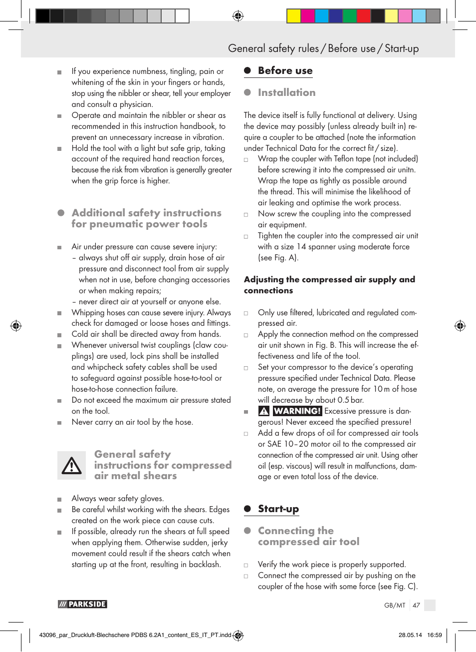 Before use, Installation, Start-up | Connecting the compressed air tool | Parkside PDBS 6.2 A1 User Manual | Page 47 / 63