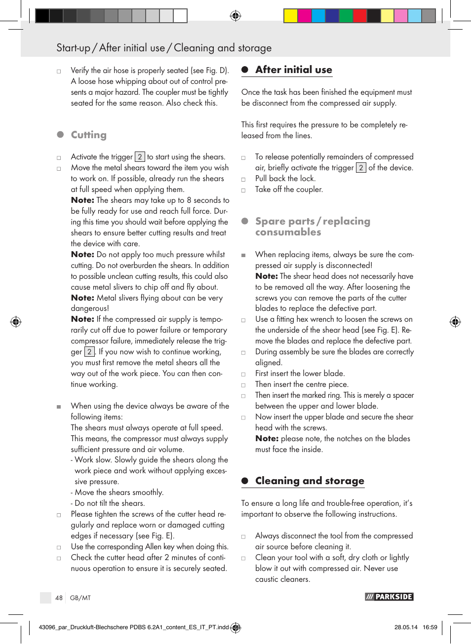 Cutting, After initial use, Spare parts / replacing consumables | Cleaning and storage | Parkside PDBS 6.2 A1 User Manual | Page 48 / 63