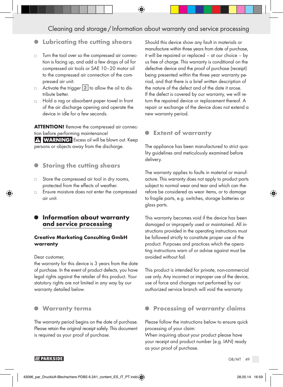 Lubricating the cutting shears, Storing the cutting shears, Information about warranty and service processing | Warranty terms, Extent of warranty, Processing of warranty claims | Parkside PDBS 6.2 A1 User Manual | Page 49 / 63