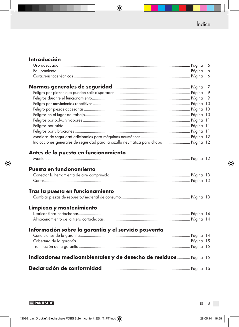 Índice | Parkside PDBS 6.2 A1 User Manual | Page 5 / 63