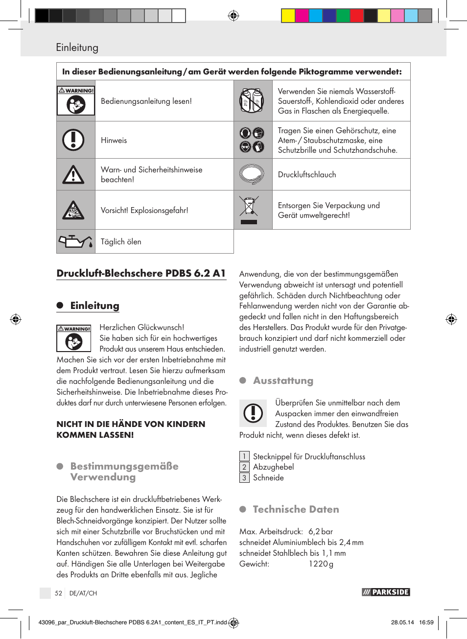 Einleitung, Einleitung / allgemeine sicherheitsregeln, Druckluft-blechschere pdbs 6.2 a1 einleitung | Bestimmungsgemäße verwendung, Ausstattung, Technische daten | Parkside PDBS 6.2 A1 User Manual | Page 52 / 63