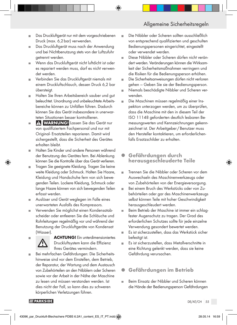 Allgemeine sicherheitsregeln, Gefährdungen durch herausgeschleuderte teile, Gefährdungen im betrieb | Parkside PDBS 6.2 A1 User Manual | Page 55 / 63