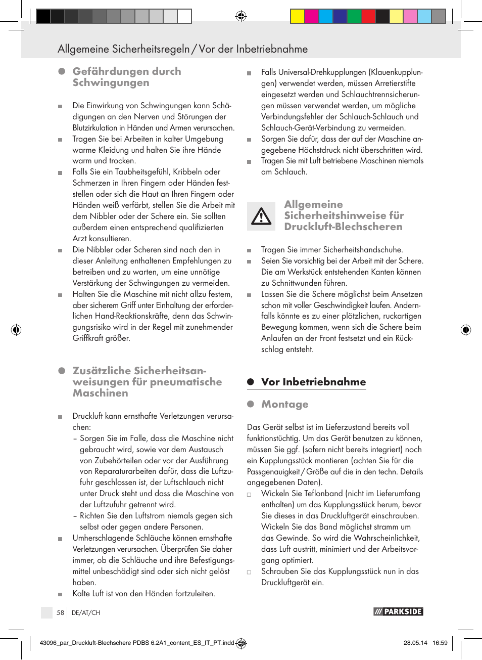 Vor der inbetriebnahme / inbetriebnahme, Gefährdungen durch schwingungen, Vor inbetriebnahme | Montage | Parkside PDBS 6.2 A1 User Manual | Page 58 / 63