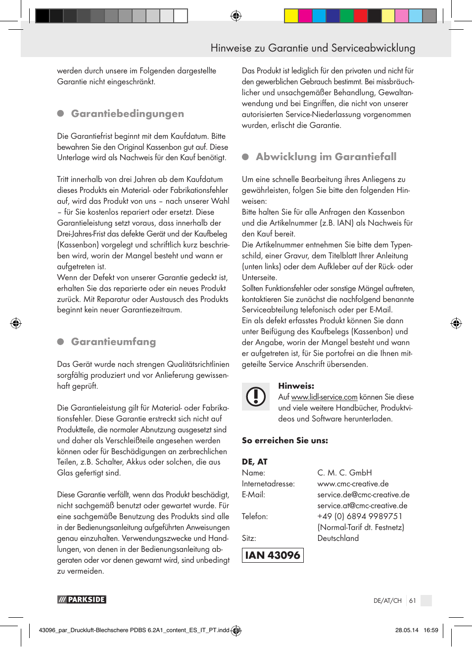 Garantiebedingungen, Garantieumfang, Abwicklung im garantiefall | Parkside PDBS 6.2 A1 User Manual | Page 61 / 63